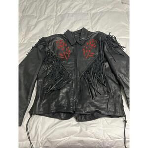 VTG Interstate Leather Rose Fringe Motorcycle Jacket Women's Size XL Black